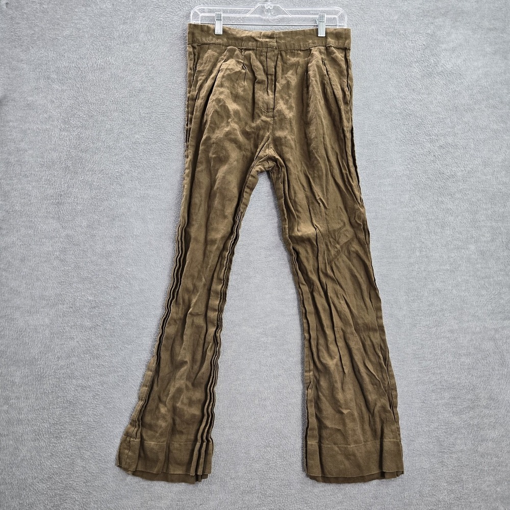 Magaschoni Women Pants L Brown Linen Flared High Rise Pockets 28"‎ Inseam
